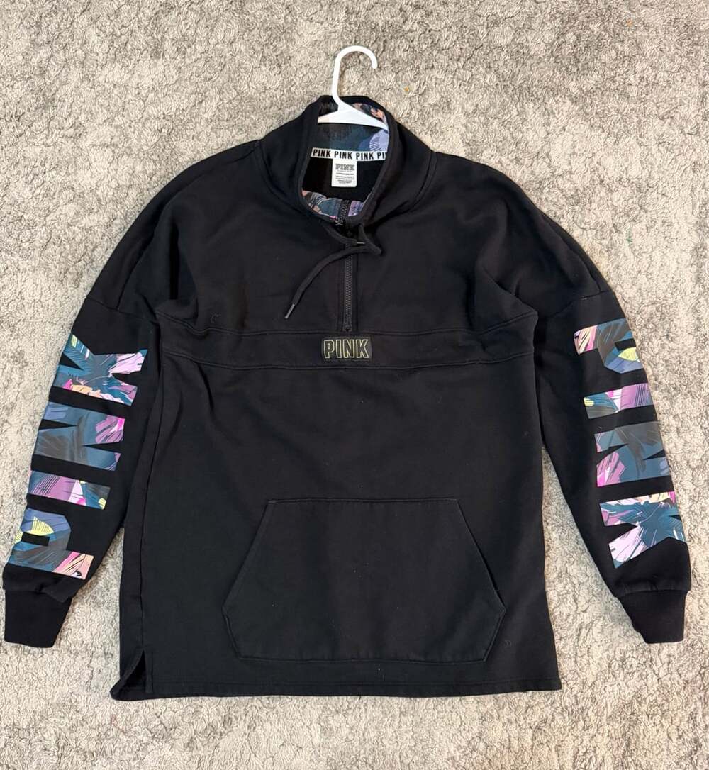 Victoria's Secret PINK Women's XS Black Floral Quarter Zip Pullover Sweatshirt